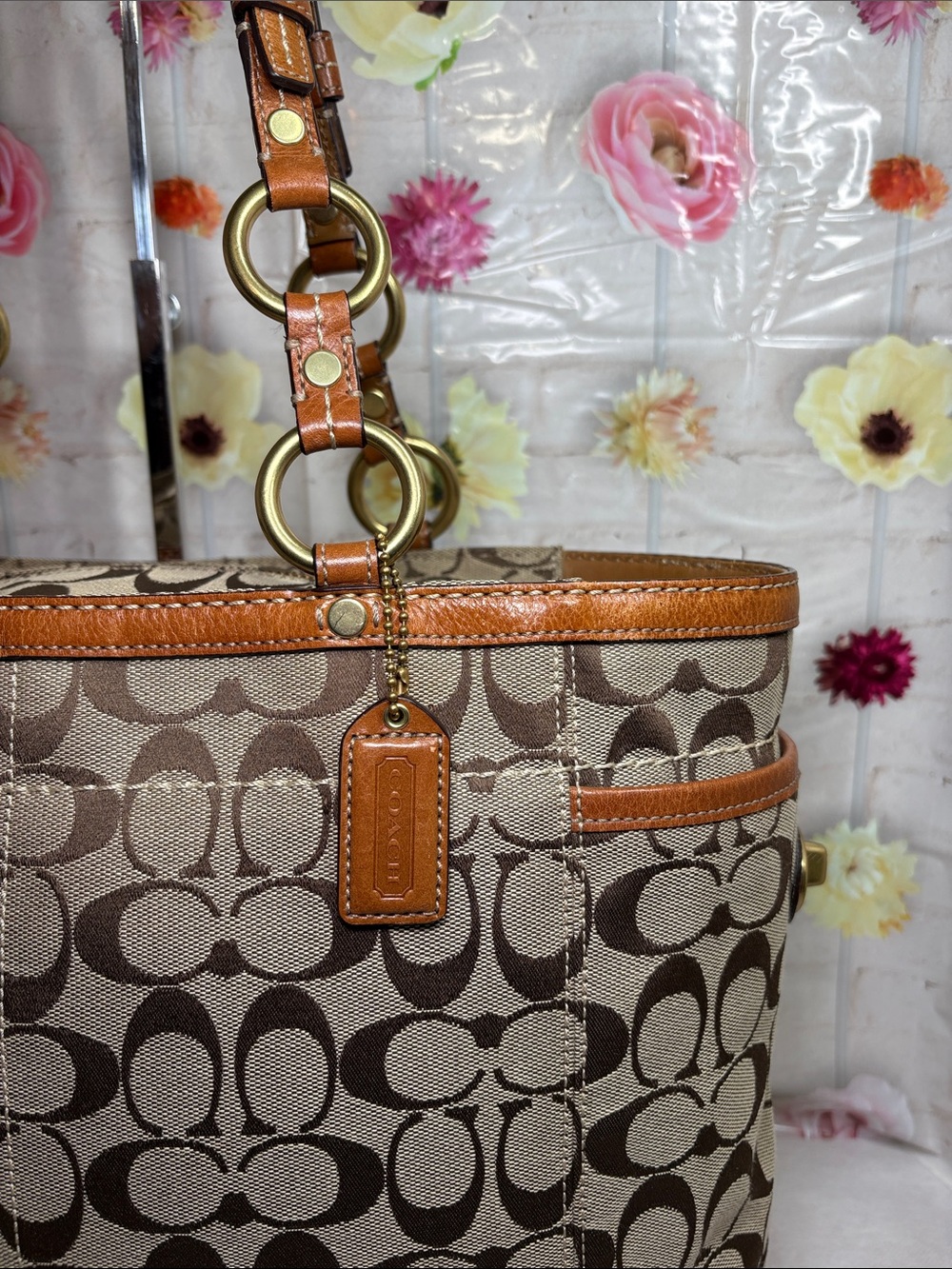 2007 Coach Brass Turnlock Buckle Straps Signature Canvas Camel Leather 15x11x4 - Picture 2 of 15